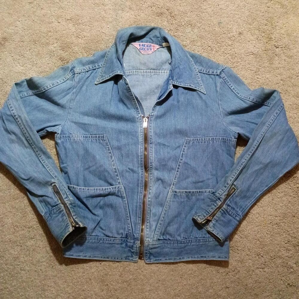 Vintage Faded Glory 70s Denim Jean Jacket Brass Zip Narrow Fit M